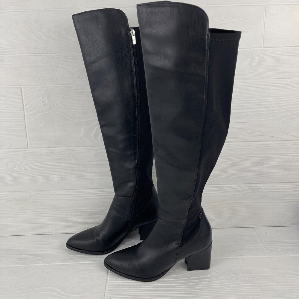 Marc Fisher Tall Black Faux Leather Elastic Heeled Zipper Boots Women's Size 8